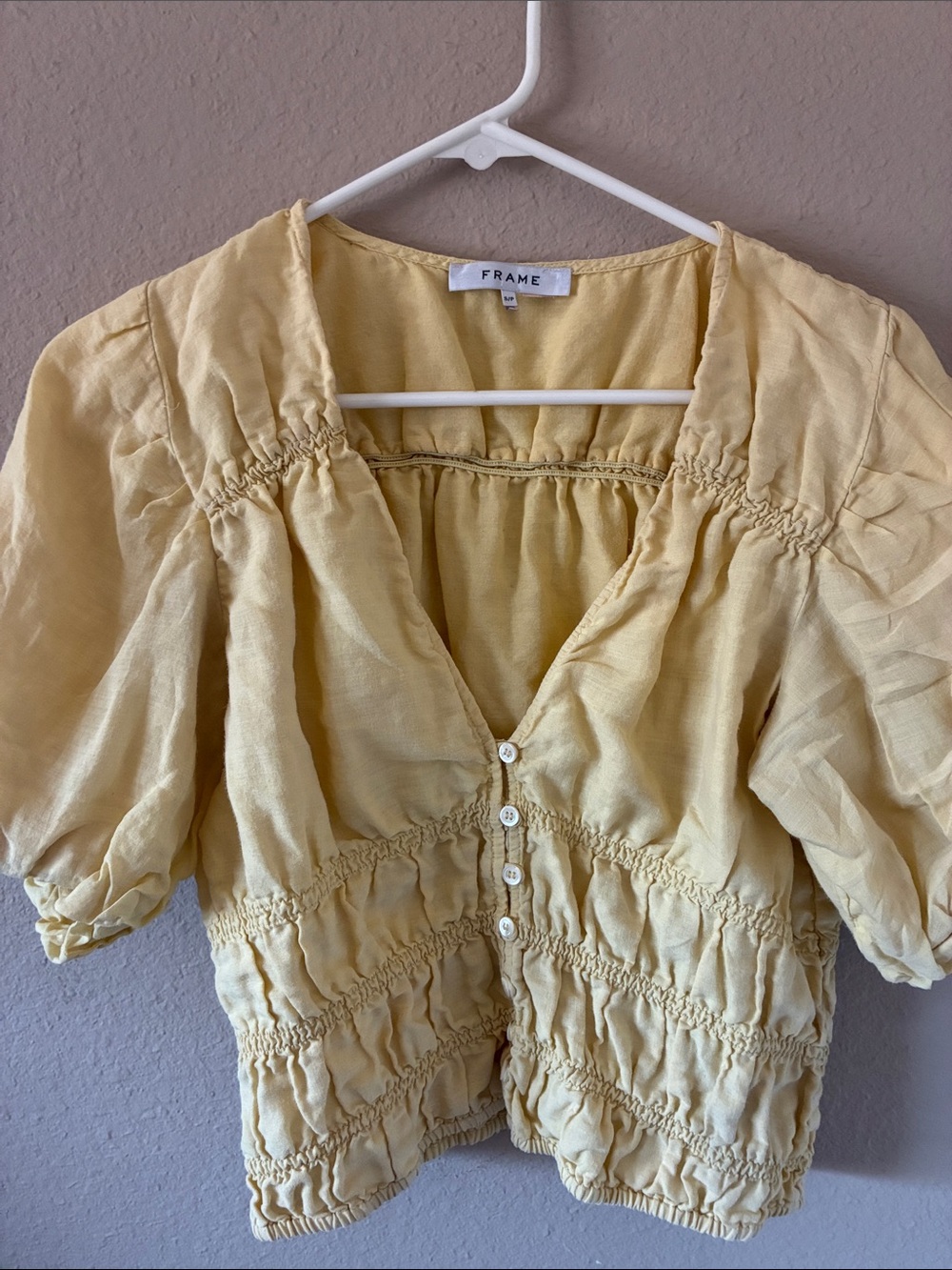 Frame Denim Pale Yellow Smocked Puff-Sleeve Button Top